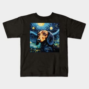 Black Dachshund in Starry Night style Kids T-Shirt
